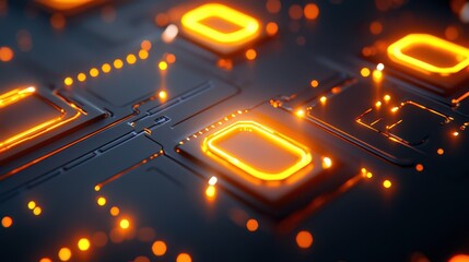 Leinwandbilder - Glowing orange semiconductor microchips on a dark electronic circuit board, representing modern technology and innovation.