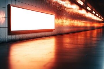 Illuminated empty subway station corridor with glowing advertisement board and reflective floor, creating a modern urban scene.