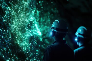 Leinwandbilder - Industrial workers analyze data projections in a high-tech environment, highlighting futuristic technology and digital innovation.