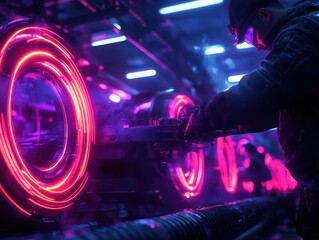 Poster - Industrial worker operating neon-lit machinery in a futuristic factory setting, showcasing advanced technology and manufacturing processes.