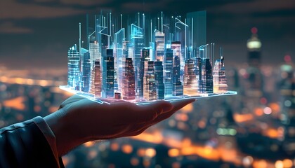 Wall Mural - Holographic skyscraper concept held in hand showcasing futuristic city development and AI-driven innovation