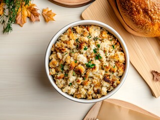 Minimalist Thanksgiving Stuffing Dish on Rustic Wooden Table