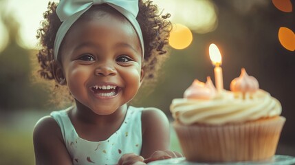 happiness face of dark skin children and cute cup cake with candle in front of her --ar 16:9 --v 6.1 Job ID: b234f5c5-c7b9-4cc2-88e6-b51079588e63