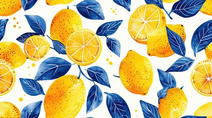 Bold and vibrant seamless pattern of yellow lemons with blue leaves on a white background. Fresh, zesty, and playful fruit design.