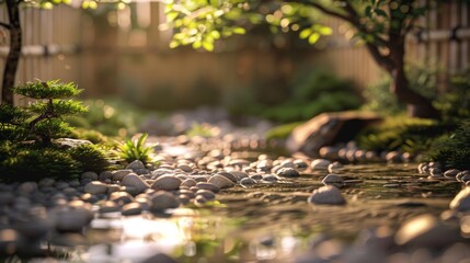 Tranquil japanese garden oasis in urban backyard featuring smooth pebbles and bonsai trees