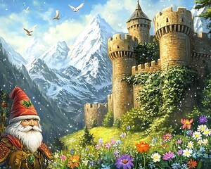 Poster - painting of a man in a red hat and red beard standing in front of a castle