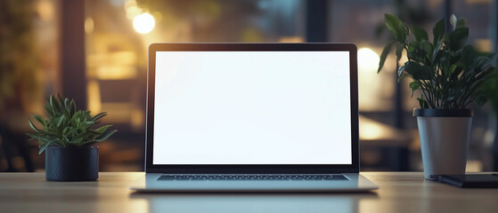 Laptop PC mock up template design on office workplace desk, white blank screen on modern workspace table. Business web technology setup in professional workspace for digital projects and online work.