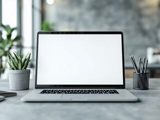 Laptop PC mock up template design on office workplace desk, white blank screen on modern workspace table. Business web technology setup in professional workspace for digital projects and online work.