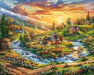 Wall Mural - painting of a beautiful country landscape with a stream and a house