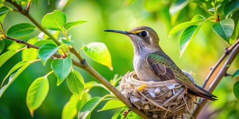 Wall Mural - Hummingbird nesting in tree surrounded by green leaves, hummingbird, nesting, tree, green, leaves, wildlife, nature