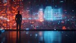 © shirophoto - the rule of third composition shot of half body back view of Businessman standing with a digital hologram of mega city on a blurred background.