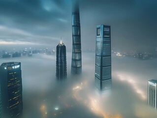 Canvas Print - arafed view of a city with skyscrapers and fog in the air