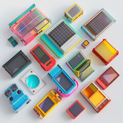 retro colorful toys vintage collection plastic playful vibrant blocks miniature art design style arrangement geometric abstract pattern top view variety different sizes 