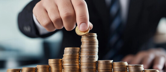 Close-up of businessman hand stacking coins to form a ladder, symbolizing financial growth, investment, and business success. Concept of wealth building, saving, and economic strategy.