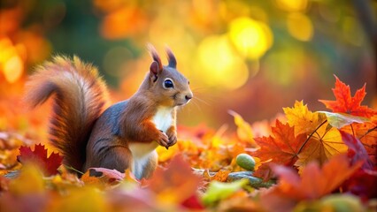 Wall Mural - Red squirrel surrounded by colorful autumn leaves in the forest, squirrel, red, autumn, forest, leaves, nature, wildlife