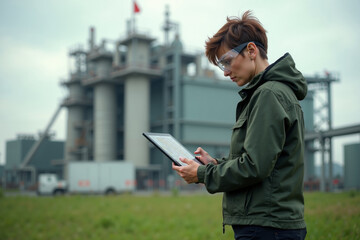 construction worker with outfit holding smart mobile tablet with factory building in background, generative AI