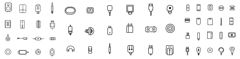 An icon set with plugs and sockets, including electrical plugs, USB, sockets, audio jacks, and receptacles.