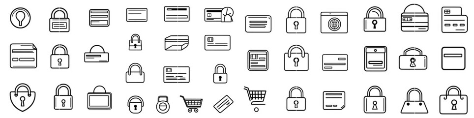 Set of secure payment line icons, including credit cards, safes, protections, SSL, and encryptions.