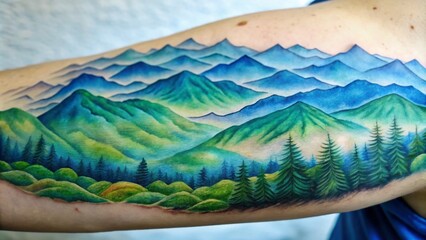 Wall Mural - Vibrant blue and green ink illustration of rolling Blue Ridge Mountains landscape on human skin, adorned with delicate trees, misty peaks, and subtle texture details.