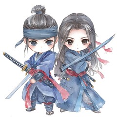 Poster - Watercolor Illustration of Two Anime Characters in Traditional Japanese Clothing Holding Swords.