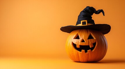 Wall Mural - Halloween pumpkin wearing a witch's hat on orange background