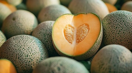 Poster - A pile of fresh melons and one fruit cut open to reveal the fruit  group : Generative AI