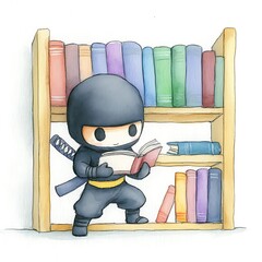 Sticker - A Cute Ninja Reading a Book in a Library