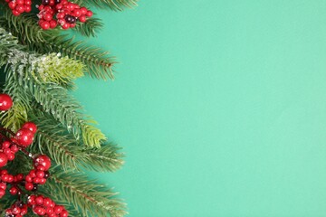 Poster - Christmas decor. Fir tree branches and red berries on turquoise background, flat lay. Space for text