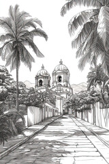 Granada, Nicaragua, black and white pen pencil hand-drawn effect portrait drawing illustration for travel poster, card, wallpaper, backdrop or banner. Modern, clear, artistic and simple