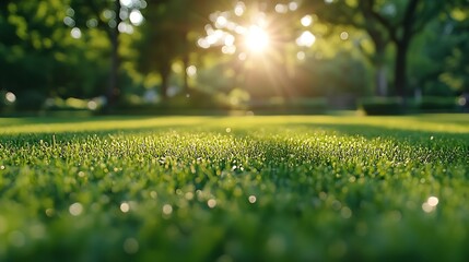 Poster - Closeup of beautiful green lawn in park Action Movement on surface of green lawn in park on sunny summer day Beautiful manicured lawn in park : Generative AI