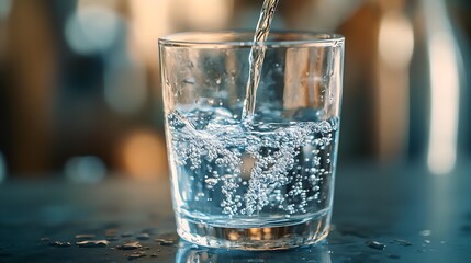 Poster - pouring drinking water in a transparent glass isolated on abstract background with glass table water resource concept with copy space : Generative AI