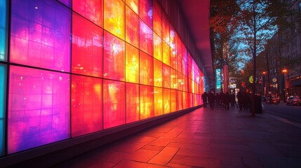 Wall Mural - Vibrant illuminated wall in an urban setting during twilight.