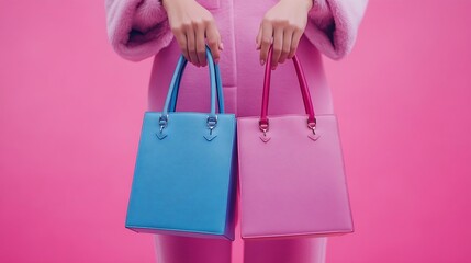 Poster - Female hands holding stylish womens bags on pink background : Generative AI