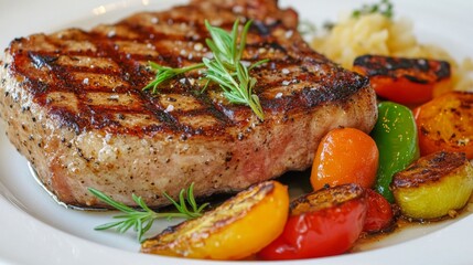 Wall Mural - A high-resolution image of a perfectly grilled pork steak with a juicy center, garnished with fresh herbs and served with roasted vegetables on a white plate.