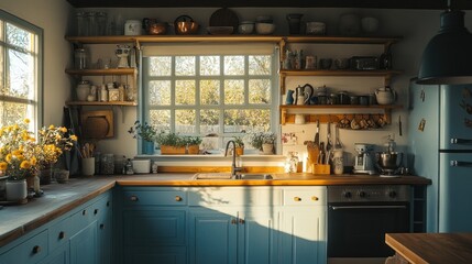 Wall Mural - A cozy kitchen with blue cabinets, wooden countertops, and natural light from a window.