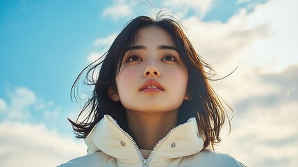 Wall Mural - Portrait of a young Asian woman in a white jacket shot against a sky background : Generative AI