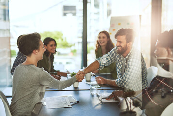 Poster - Employees, shaking hands and deal in boardroom with client, negotiation success and acquisition. Business people, meeting and thank you for partnership at sales agency, welcome and onboarding respect