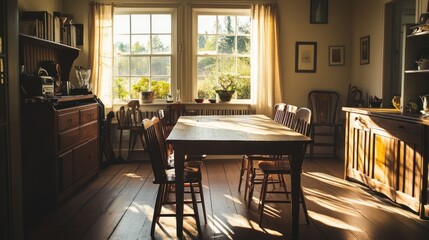 Canvas Print - A cozy dining room with sunlight streaming through windows and plants adorning the space.