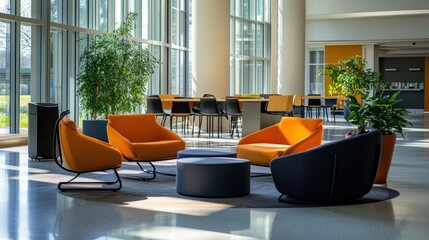 Sticker - Modern lounge area with orange and black chairs, plants, and a bright, airy atmosphere.