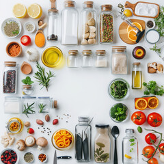 food ingredients cooking kitchen herbs spices vegetables jars glass bottles dining healthy eating preparation table assorted colorful fresh culinary nutrition organic 