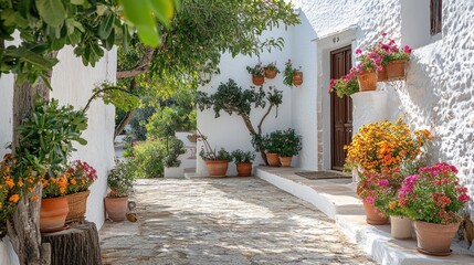 Canvas Print - A charming pathway lined with colorful flowers and potted plants near a white house.