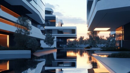 Canvas Print - Modern architectural structures reflecting in water at sunset.