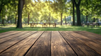 A wooden table in a sunlit park with greenery and benches in the background.