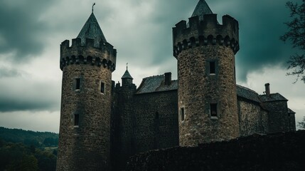 Canvas Print - A medieval stone castle with towers under a moody sky.