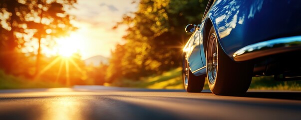 a classic blue car parked on a scenic road during sunset, capturing the essence of nostalgia and adv