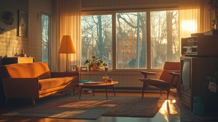 Canvas Print - A cozy living room bathed in warm sunlight, featuring vintage furniture and a serene atmosphere.