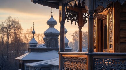 Canvas Print - A close-up view of ornate wooden architecture with domed structures in a serene winter setting.