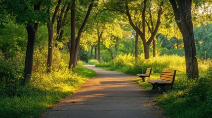 Wall Mural - A serene park path lined with trees and benches, inviting relaxation and nature walks.