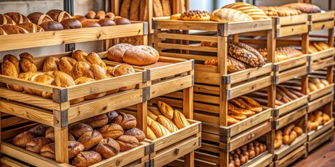 Wooden crates filled with assorted freshly baked bread and pastries displayed in a bakery , Bakery, staple food