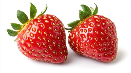 Wall Mural - Two ripe strawberries with green leaves on a white background.